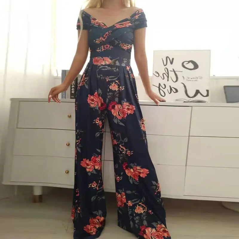 Fashion Print Jumpsuit Women's Short Off Shoulder V-Neck Wide Leg Pants Jumpsuits Female Office Womens Clothing Jumpsuit Summer
