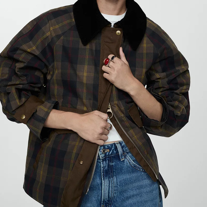Women Retro Casual Chic Jacket Fashion Versatile Designer Style Outerwears Stylish Loose Plaid Coats 2025 Autumn Trendy Coat