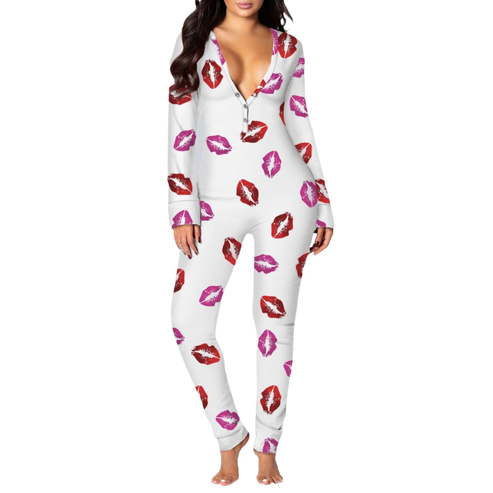 Women Jumpsuits Pajama Long Sleeve V Neck Bodycon Hip Detachable Crotch Romper Bodycon Playsuits Casual Loungewear