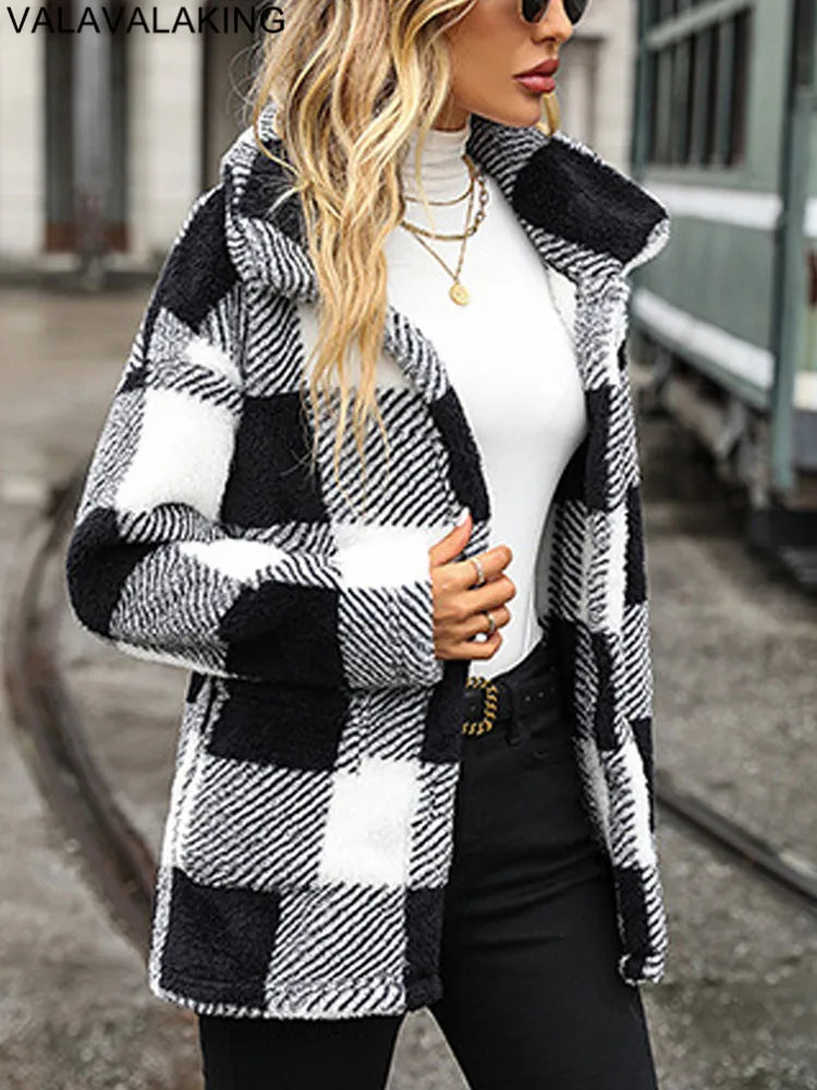 2025 Autumn Winter Long Sleeve Thick Jacket For Women Plush Warm Button Casual Coat Lady Elegant Loose Plaid Coat Female Clothes