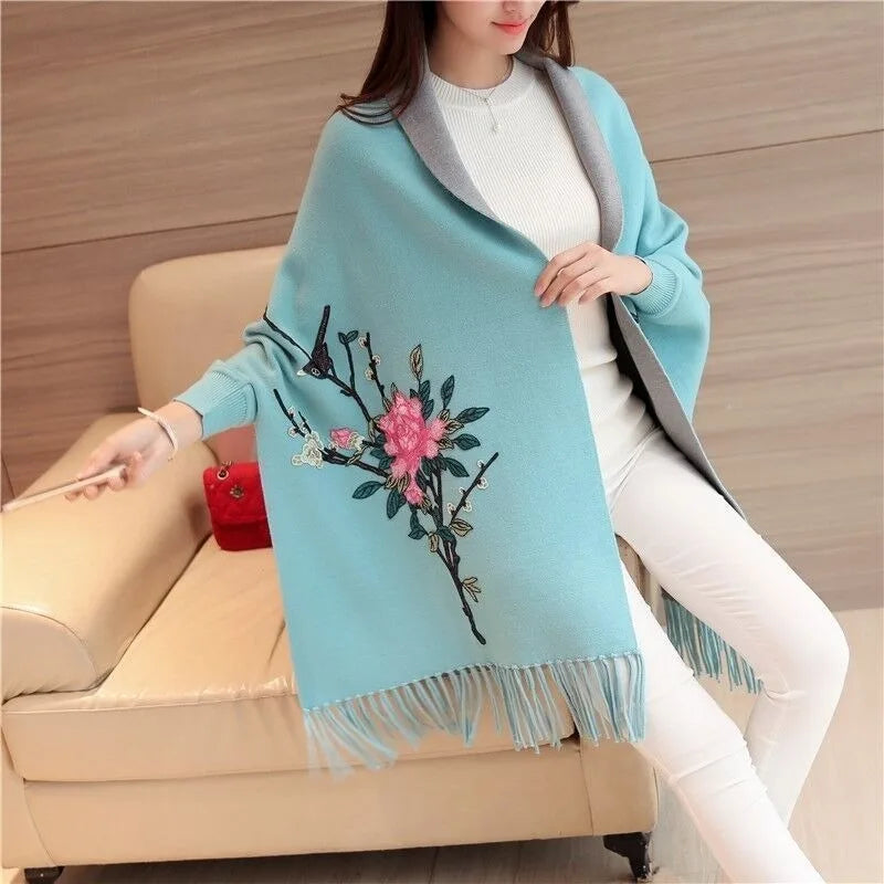 Autumn and winter embroidered cape shawl women's embroidered knitted cardigan tassel knit sweater