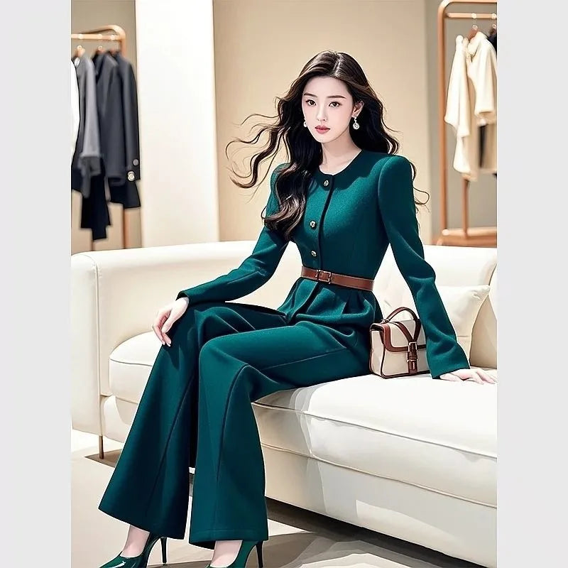 New High Quality Autumn Winter Women's Jumpsuit Fashion High Waist Slim Long Sleeve Solid Color Elegant Wide Leg Pants Rompers
