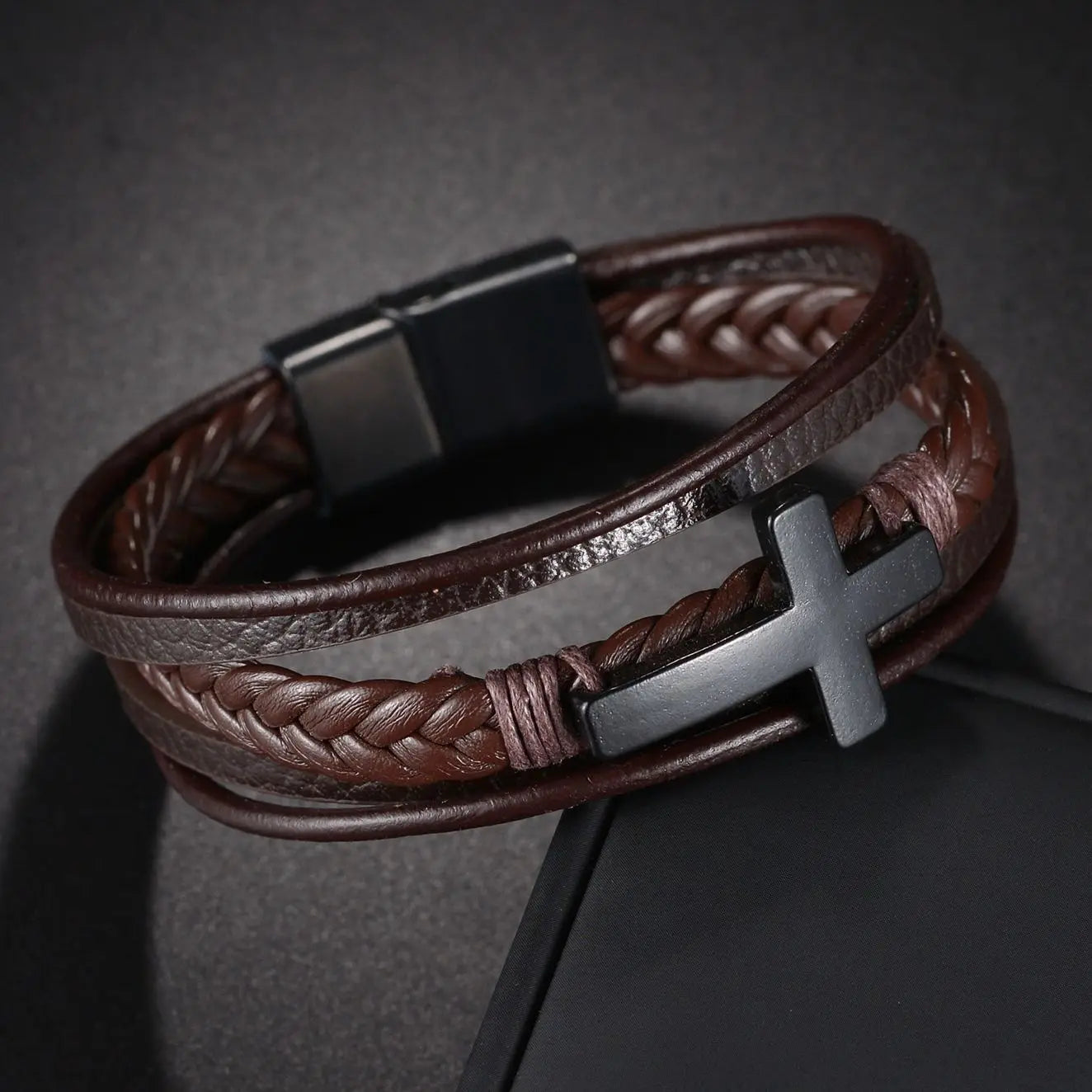 Men's Cross Leather Bracelet Prayer Multi Layer Braided Stainless Steel Fashion Classic Wristband Birthday Gift For Men Women