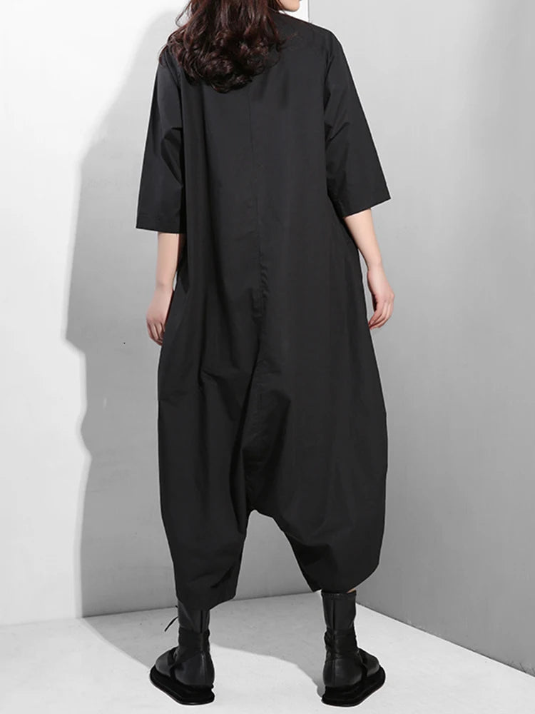 [EAM] Loose Fit Women Black Wide Leg Long Jumpsuit New High Waist Pocket Stitch Pants Fashion Tide Spring Autumn 2025 YA11601