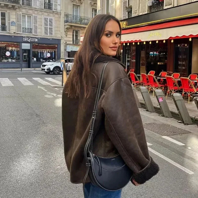 HXAO Woman Thick Faux Leather Jackets for Women Coat Autumn Winter Warm Wool Blends Coats Demi-season Plush Jacket Outerwear