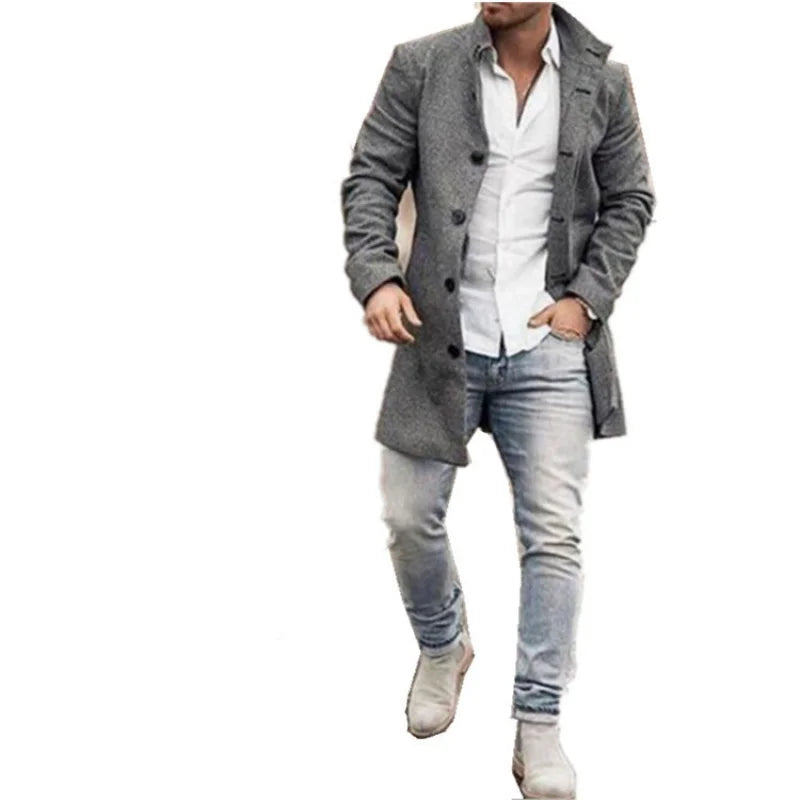 【European Code in Stock】Autumn and Winter New Men's woolen Stand Collar Mid-Length Pocket Casual Coat