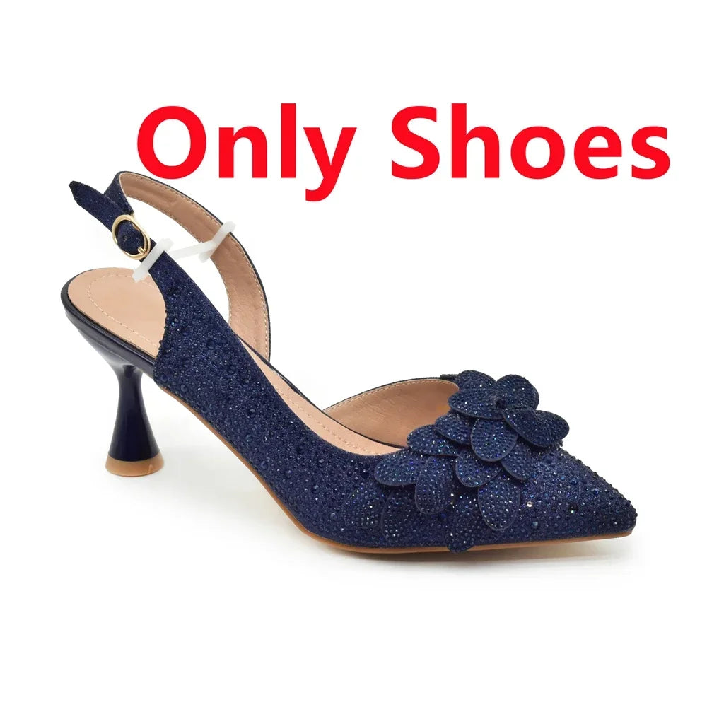 2024 Nigerian Style Rhinestone Medium Heeled Sandals for Women Fashion Wedding Party Shoes and Bags Set with Rhinestone