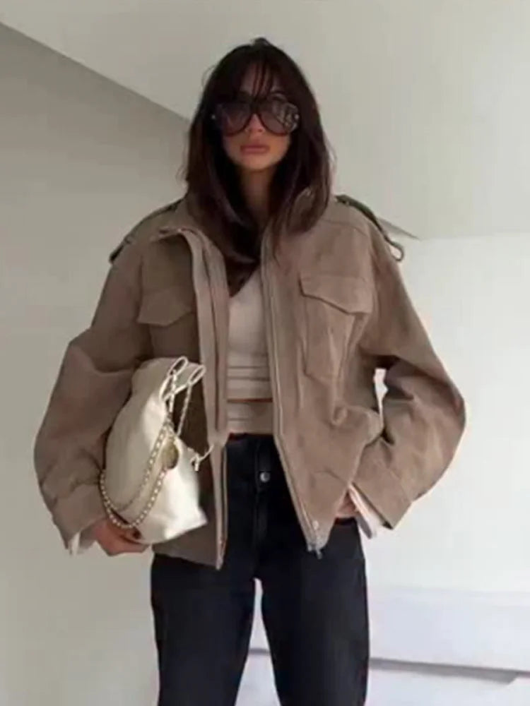 Fashion Short Women Suede Jacket Chic Stand Collar Zipper Pocket Loose Coats Casual Ladies Autumn New Daily Highstreet Outerwear