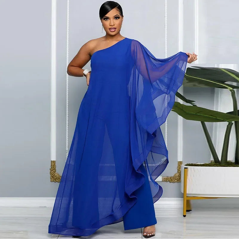 Elegant Chiffon One Shoulder Wide Leg Jumpsuit Women Club Party Birthday Outfits One Pieces Rompers Overalls Combinaison Femme
