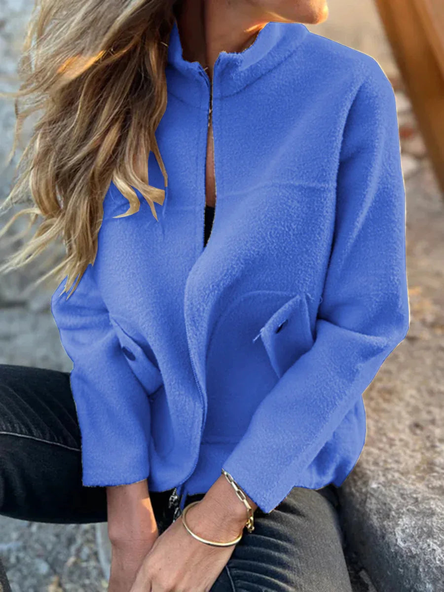 Lightweight Casual Zipper Cardigan Wool Jacket For Women's Autumn Stand Collar Tether Pocket Loose Versatile Female Wool Coat
