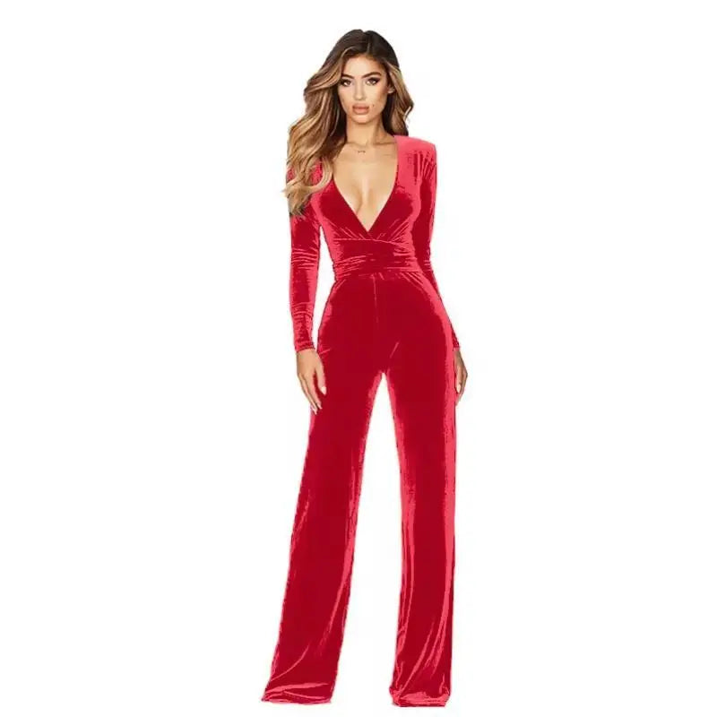 HLJ Elegant Women Velvet Jumpsuits Sexy Deep V Neck One Piece Outfit  Sashes Belted Wide Legs Long Pants Jumpsuit Party Clubwear