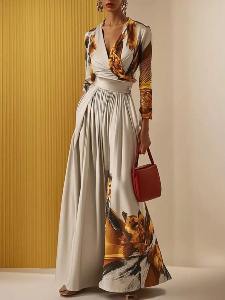 Women's Printed Slim Fit Jumpsuit V-neck Long Sleeves High Waist Wide Leg Coverall Elegant Commuter Outfit for Office Ladies