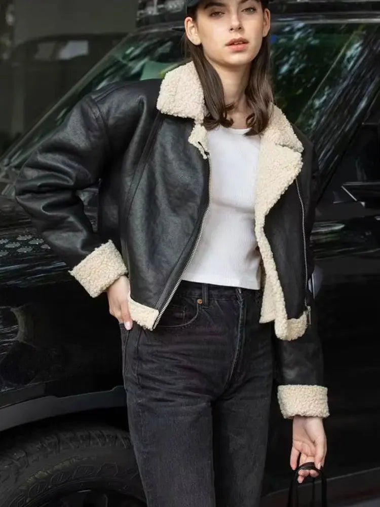 HH Female 2025 Autumn Street Fashion Leather Jacket Causal Lapel Long Sleeves With Pockets Zippers Fly Vintage Coats