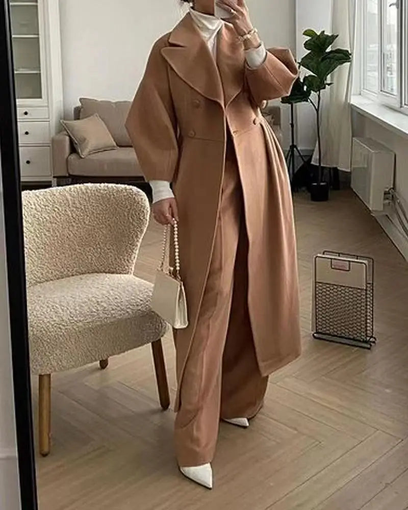 Autumn Lantern Sleeves Women Vintage Court Coat Lapel Double Row Button Office Women's Long Jacket Windbreaker Thick Street Coat