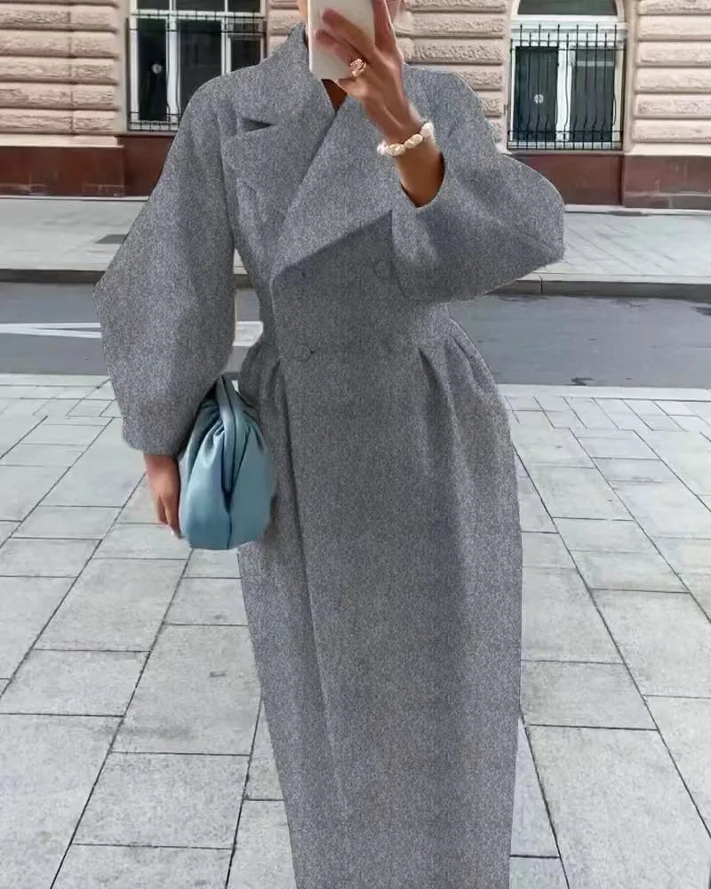 Autumn Lantern Sleeves Women Vintage Court Coat Lapel Double Row Button Office Women's Long Jacket Windbreaker Thick Street Coat