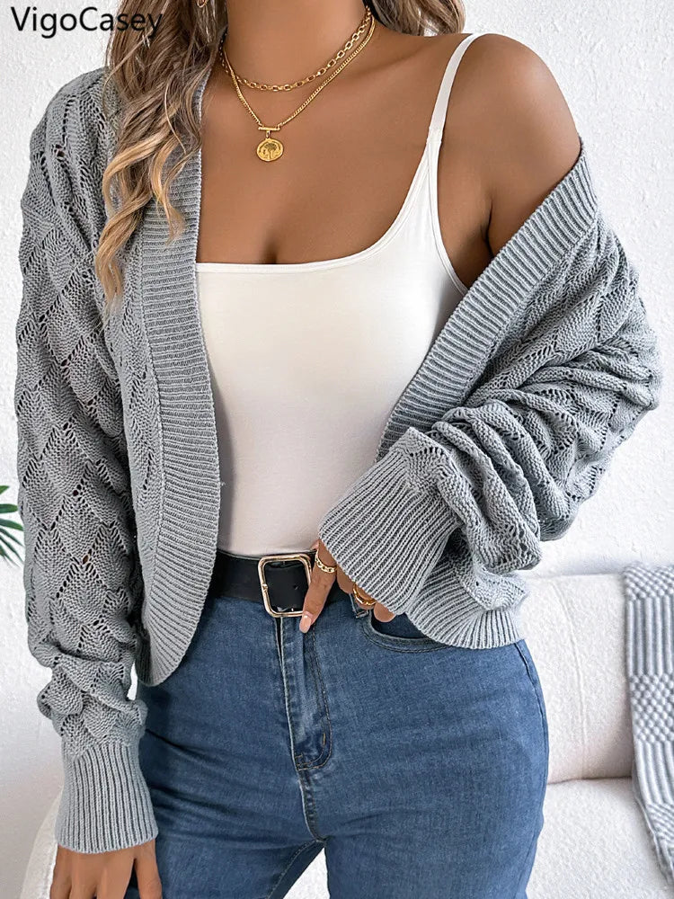 VigoCasey 2025 Autumn Solid Long Sleeve Sweater Grey Cardigan Winter Women Casual Short Cardigan Lady Hollow Loose Knitted Coat