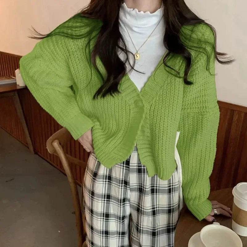 Women's Short Sweater Cardigan Sweet Cute College Style Single Button Knitted Cardigans Autumn Winter Thicken V-Neck Knitweat