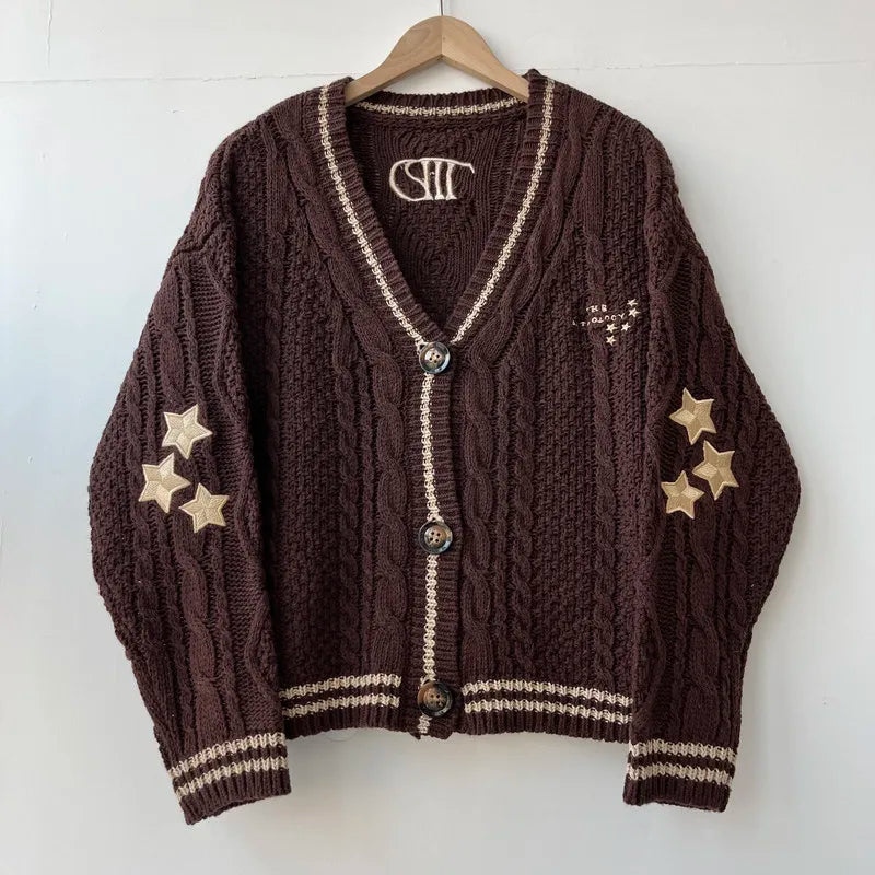 Autumn Red Maple Leaf Embroidered Leaves Knitted Cardigan Women Winter V-neck Single Breasted Show Y2k Style Cardigans Girls