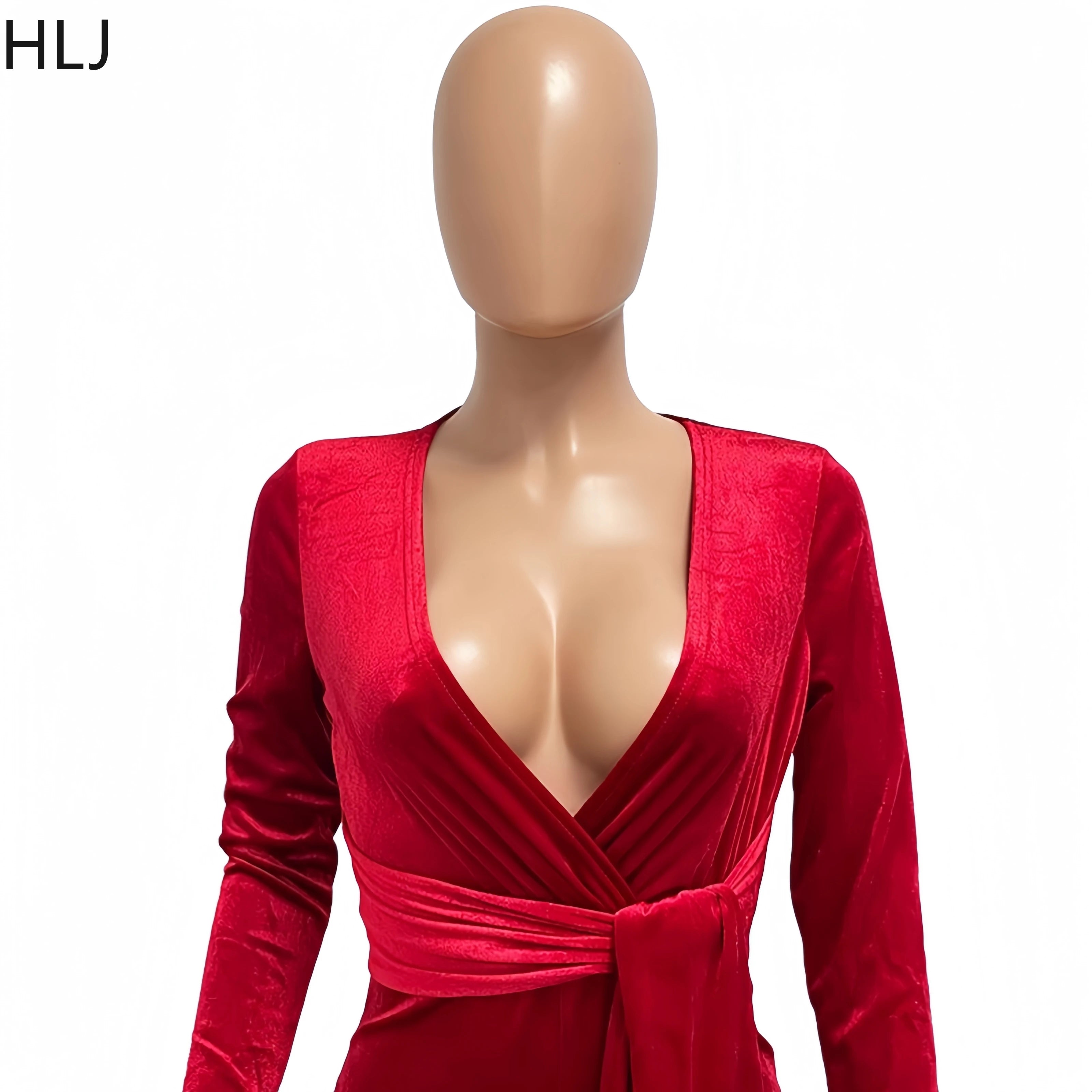 HLJ Elegant Women Velvet Jumpsuits Sexy Deep V Neck One Piece Outfit  Sashes Belted Wide Legs Long Pants Jumpsuit Party Clubwear