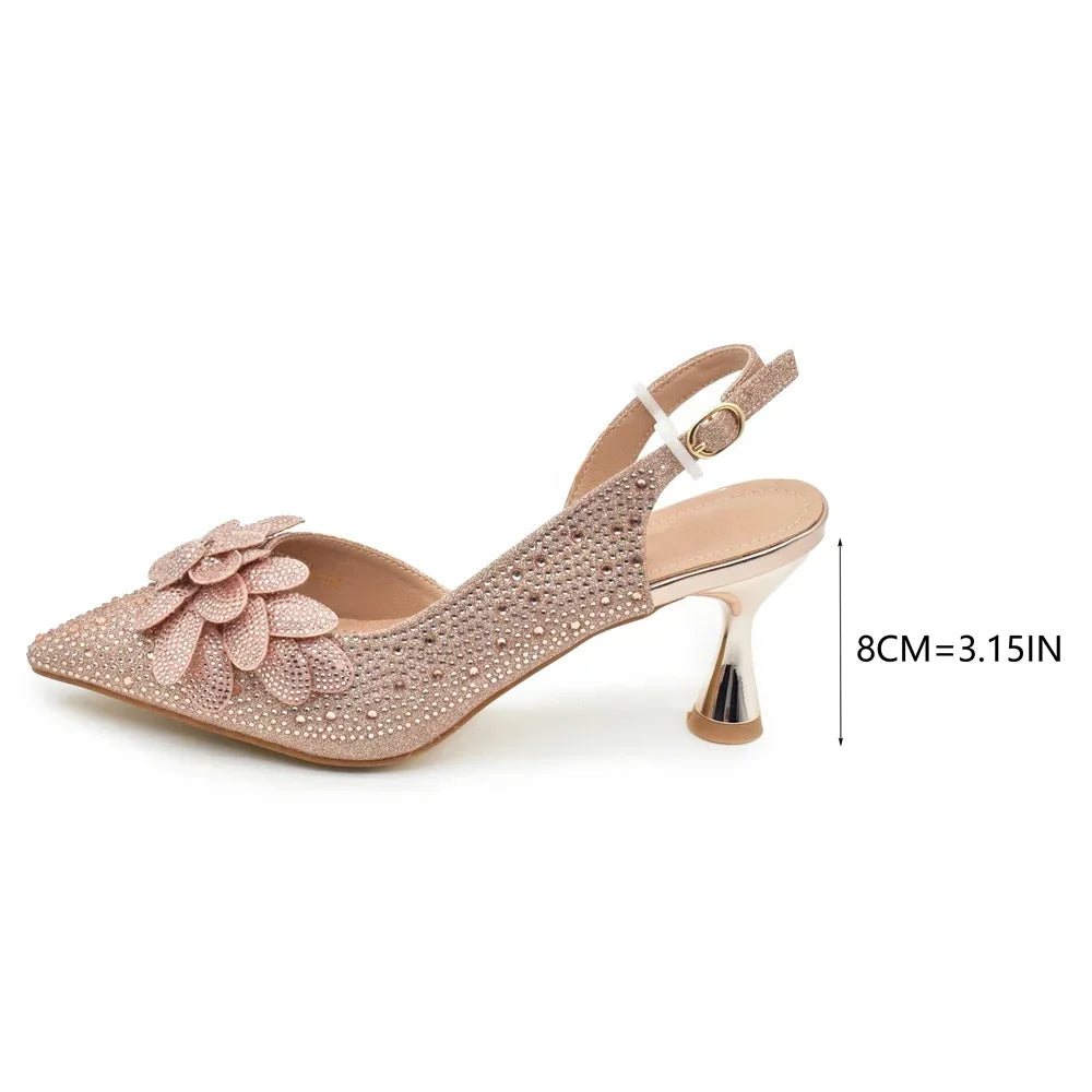 2024 Nigerian Style Rhinestone Medium Heeled Sandals for Women Fashion Wedding Party Shoes and Bags Set with Rhinestone