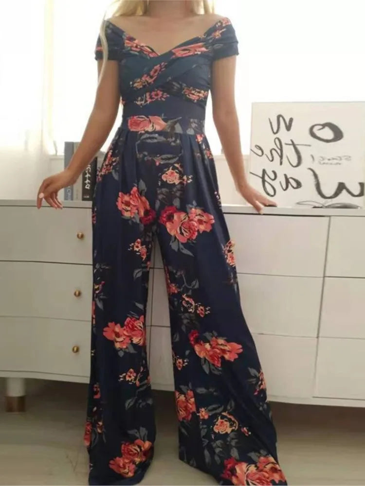 Fashion Print Jumpsuit Women's Short Off Shoulder V-Neck Wide Leg Pants Jumpsuits Female Office Womens Clothing Jumpsuit Summer