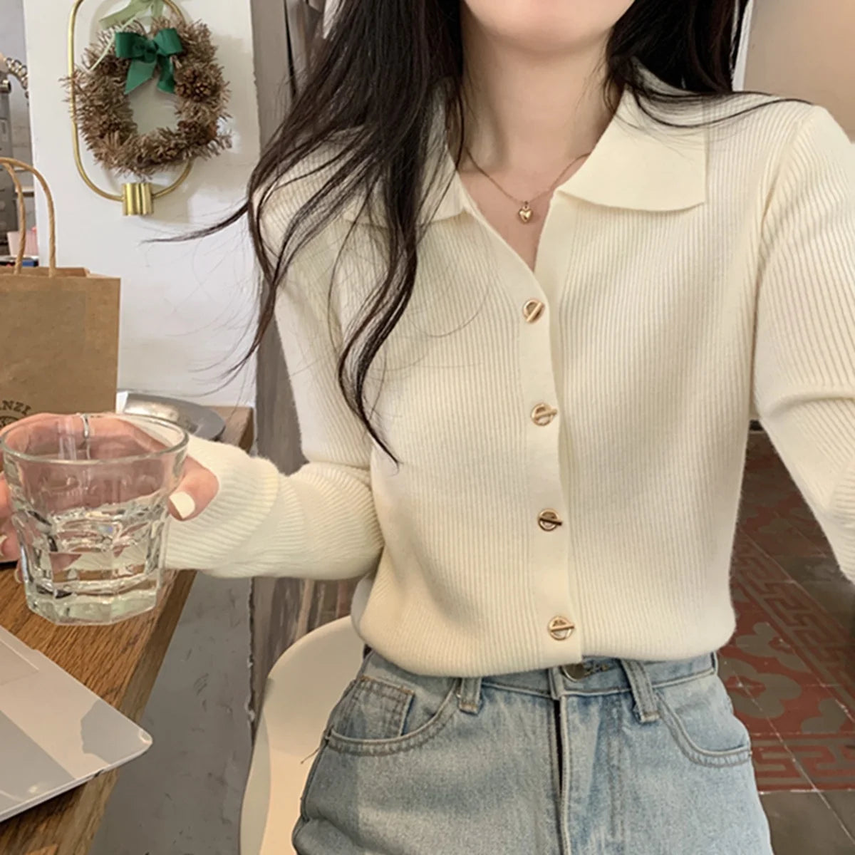 Women Fashion Button Knitted Cardigan Autumn Winter Polo Neck Long Sleeve Solid Knitwear Korean Vintage Casual Street Tops Chic