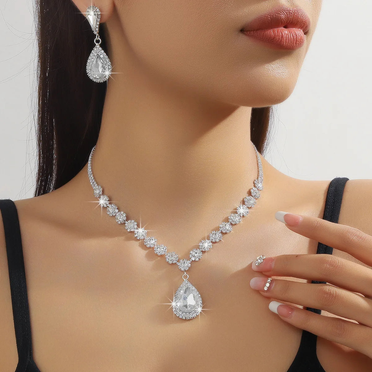 Bridal Jewelry Women's Set Cross-Border European and American Rhinestone Teardrop Necklace and Earrings Two-Piece Set Accessories Fashionable and Versatile
