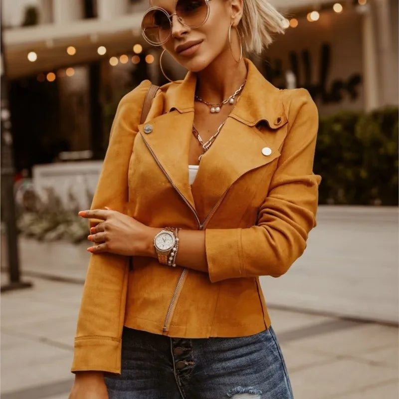 Elegant Temperament Solid Jacket For Women's 2024 Autumn Winter Solid Slim Oblique Zipper Lapel Short Jacket Female Streetwear