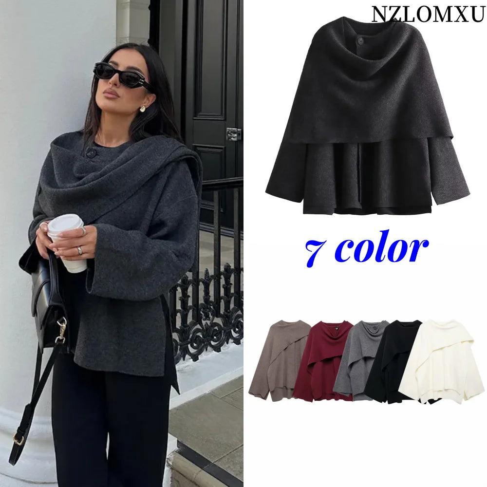Women Fashion Scarf Decorated Woolen Jacket Casual Solid Long Sleeve Loose Warm Overcoat 2025 Autumn Winter New Lady Chic Coat
