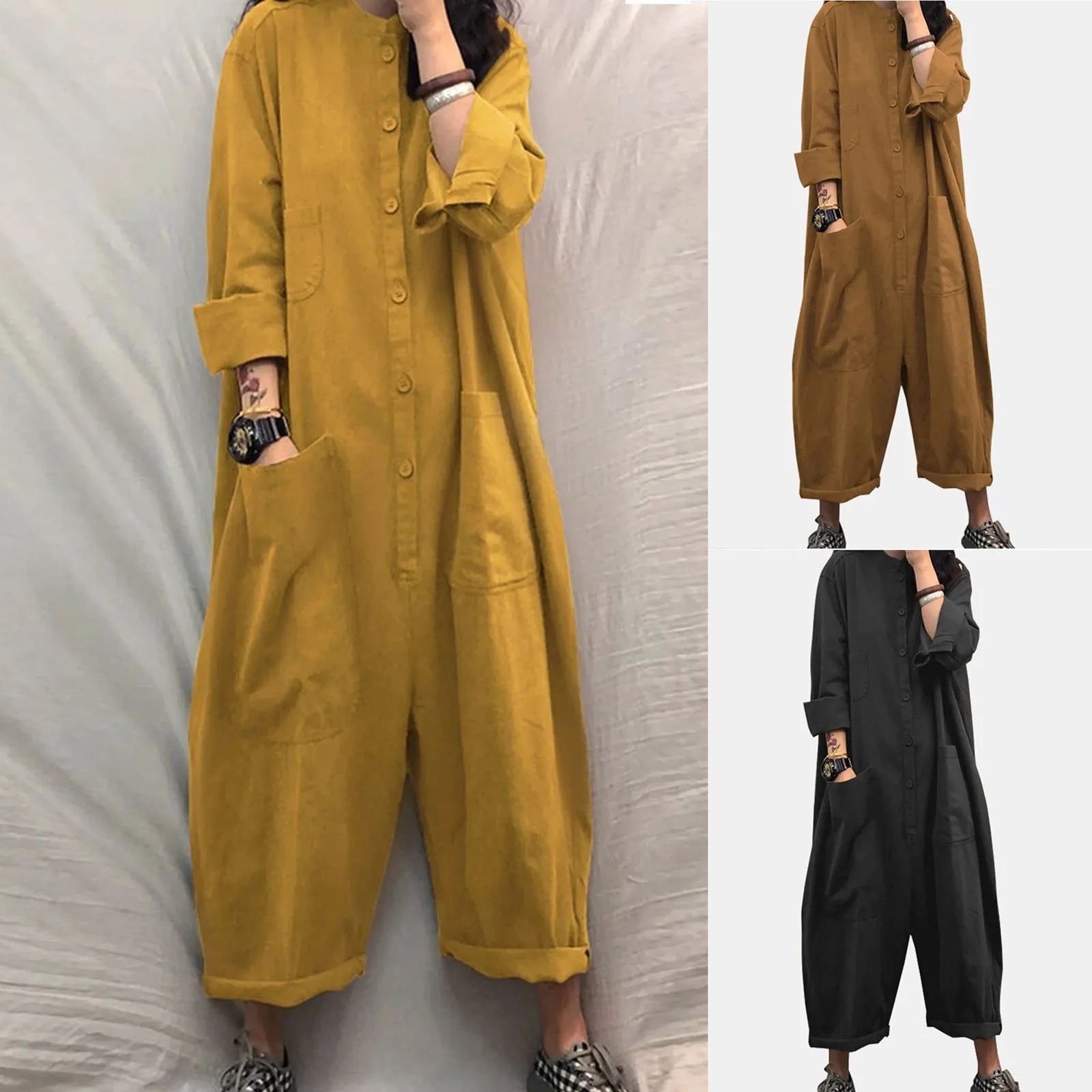 Women Jumpsuit 2024 Female Oversized Romper Autumn Loose Pockets Overalls Casual Solid Stand Collar Bottom