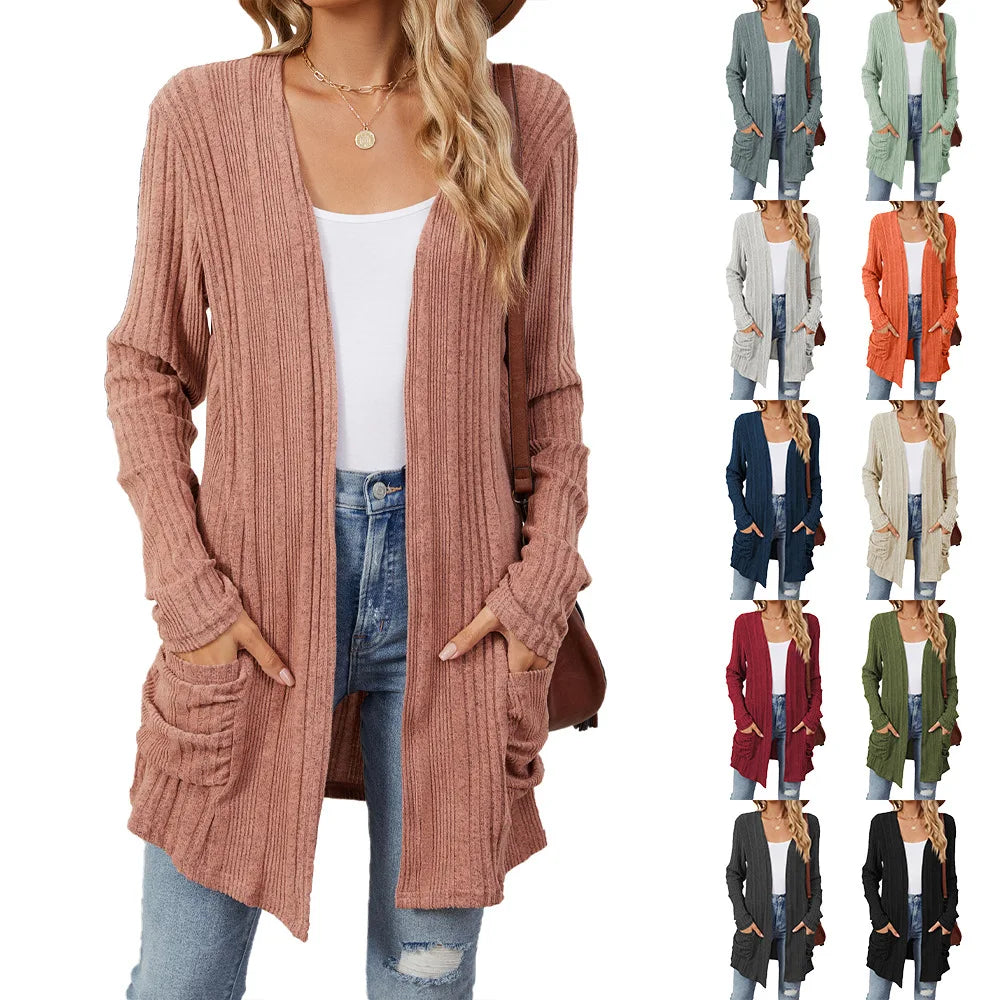 Autumn Winter New Solid Color Pit Stripe Brushed Pocket Cardigan Best Selle Long Sleeved Jacket for Woman Clothes