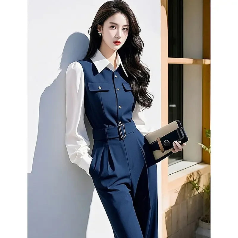 New Fashion Elegant Office Lady Jumpsuit Women High End Patchwork Lapel Long Sleeve Slim High Waist Pants Suit Spring Romper