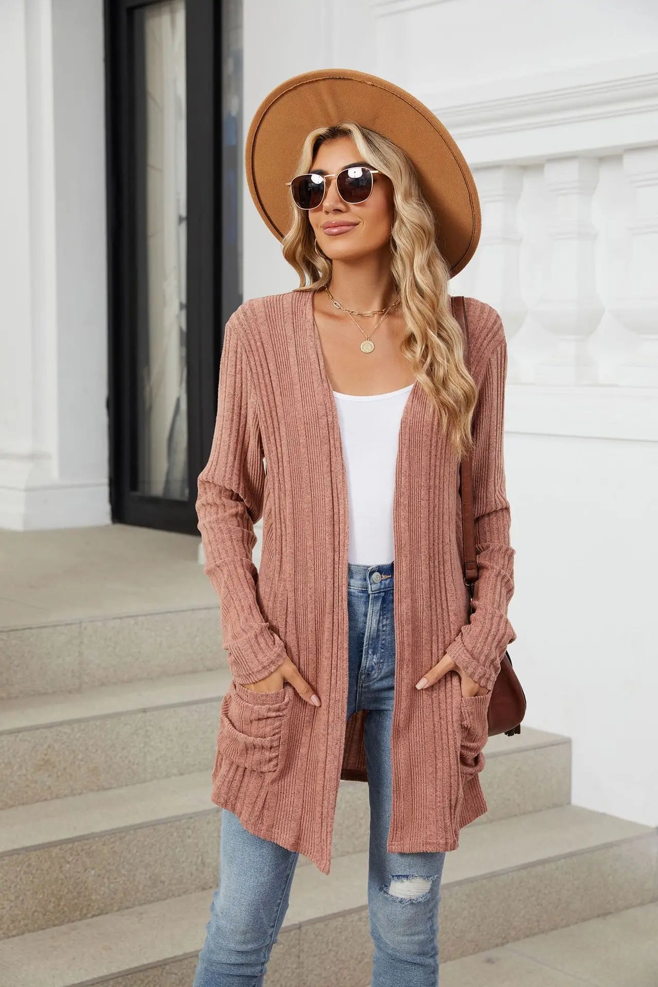 Autumn Winter New Solid Color Pit Stripe Brushed Pocket Cardigan Best Selle Long Sleeved Jacket for Woman Clothes