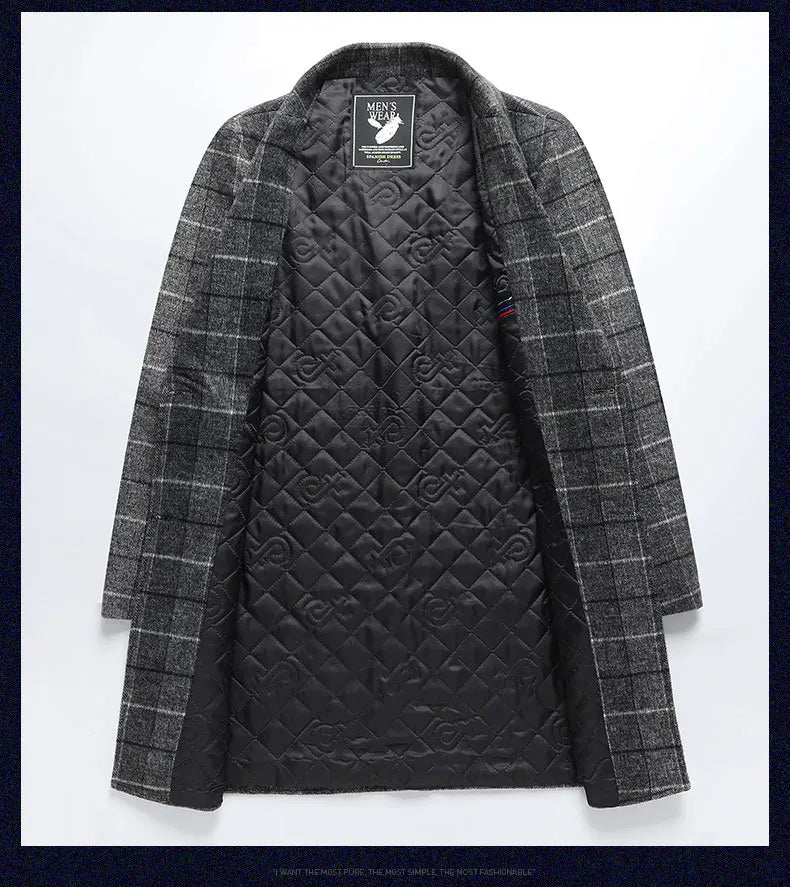 New Winter Men Plaid Business Casual Cashmere Trench Coats British Style Overcoats Quality Man Warm Woolen Blends Long Jackets