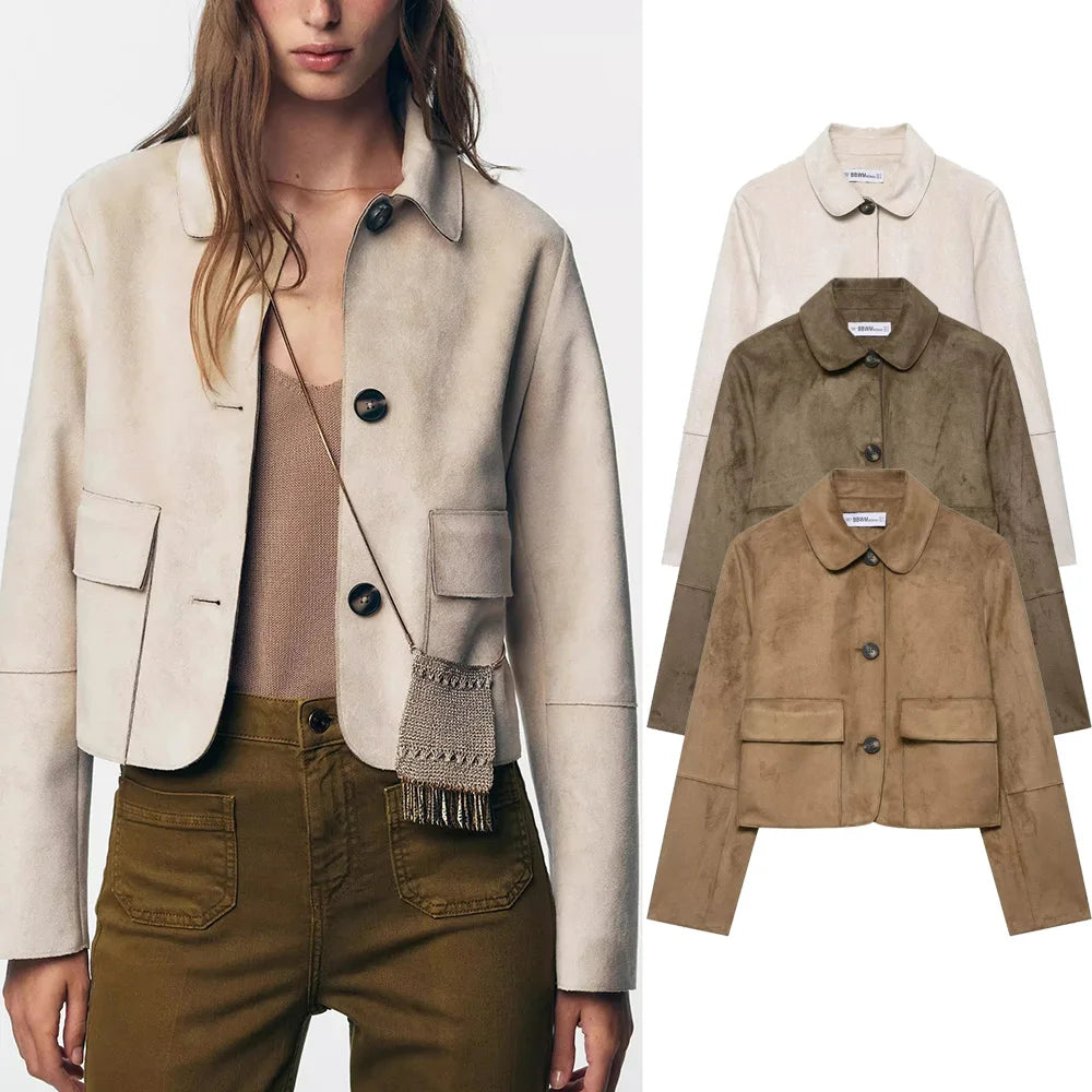 Female Elegant Lapel Single-breasted Pockets Decoration Solid Street Style Jackets Women Autumn Vintage Slim Short Jacket