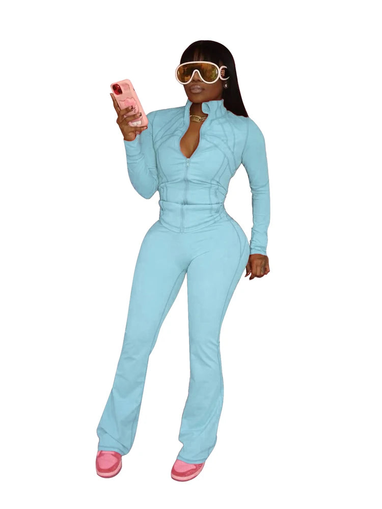 Fall Women Sport Loungewear Sexy Tight Long Sleeve Flared Pants Two Piece Set Active Gym 2 Piece Matching Sets Tracksuit Outfits