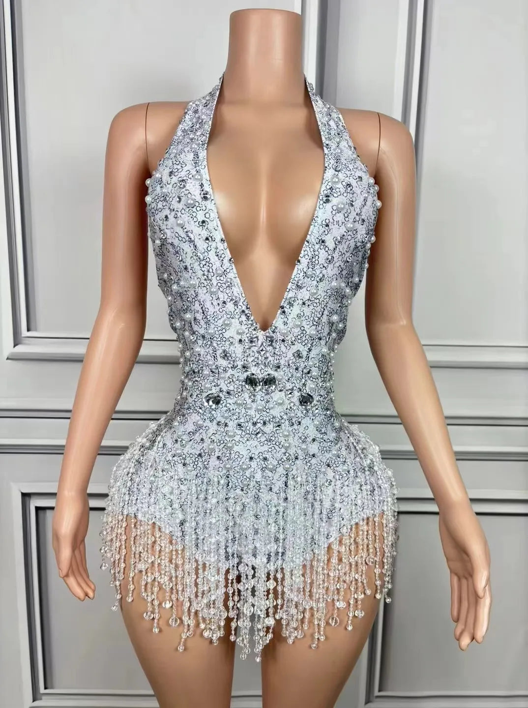 European and American Sexy Deep V Pink Tassel Jumpsuit Gogo Female Singer Stage Collar Dance Costume Car Show Model Performance