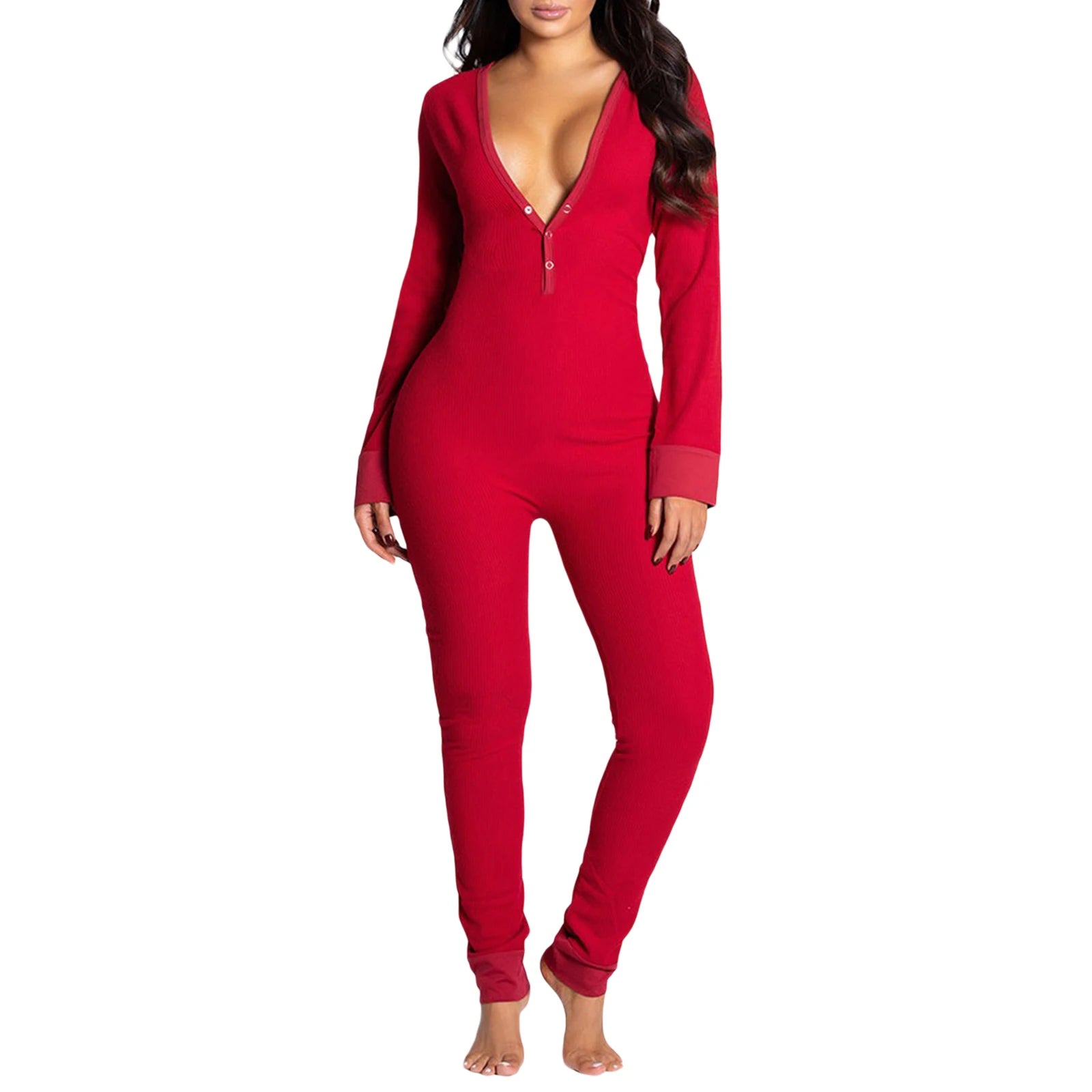 Women Jumpsuits Pajama Long Sleeve V Neck Bodycon Hip Detachable Crotch Romper Bodycon Playsuits Casual Loungewear