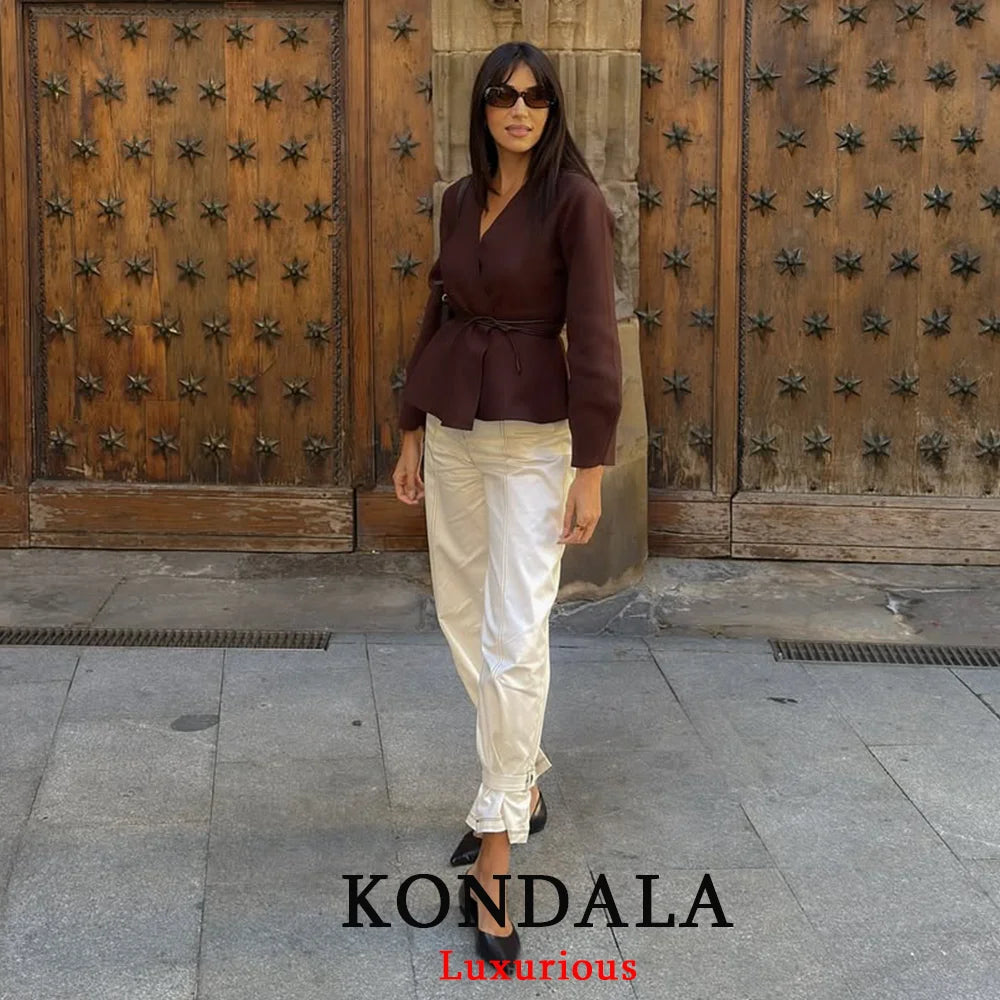 KONDALA Casual Chic Brown Knit Cardigans Women V Neck Long Sleeve Sashes Loose Sweaters Fashion 2025 Fall Winter Office Lady Top