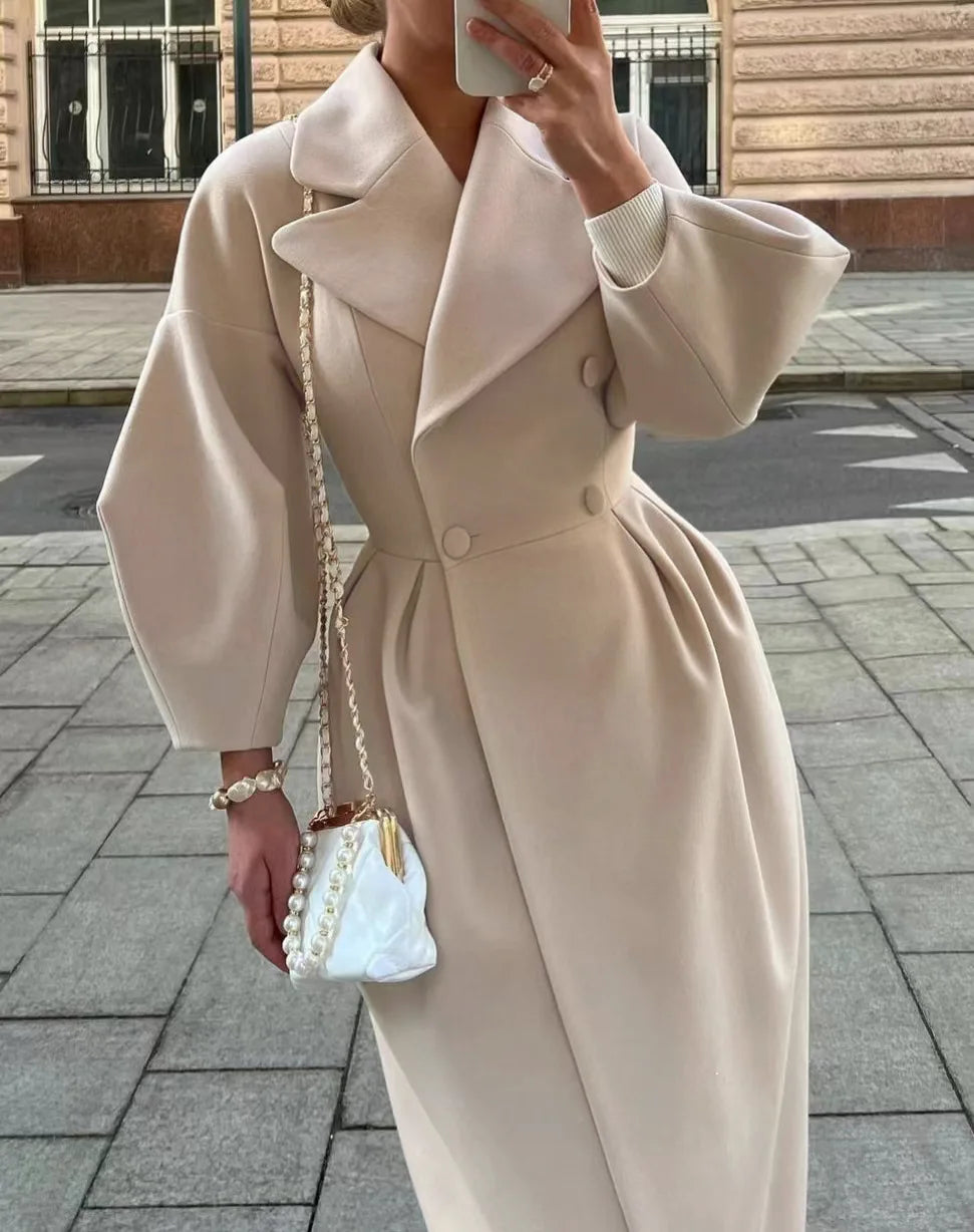 Autumn Lantern Sleeves Women Vintage Court Coat Lapel Double Row Button Office Women's Long Jacket Windbreaker Thick Street Coat