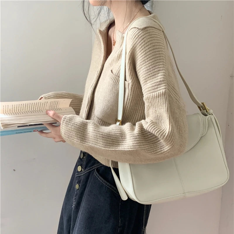Elegant Autumn Winter Knitted Cardigan Short Sweater Women Long Sleeve Jackets Fashion Loose Casual Simple New Solid Short Top