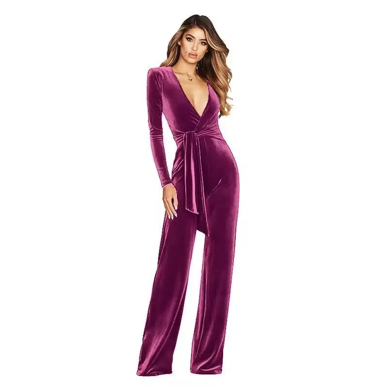 HLJ Elegant Women Velvet Jumpsuits Sexy Deep V Neck One Piece Outfit  Sashes Belted Wide Legs Long Pants Jumpsuit Party Clubwear