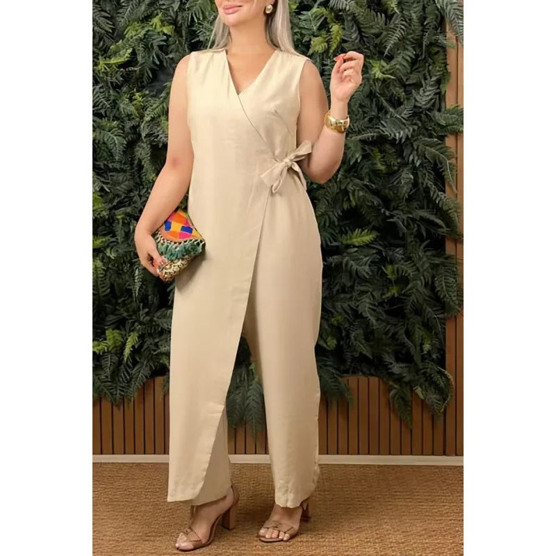 Women's Casual V-neck Cross Strap Jumpsuit Streetwear Loose Romper Elegant Lace Up Sleeveless Hollow Out Solid Office Jumpsuits