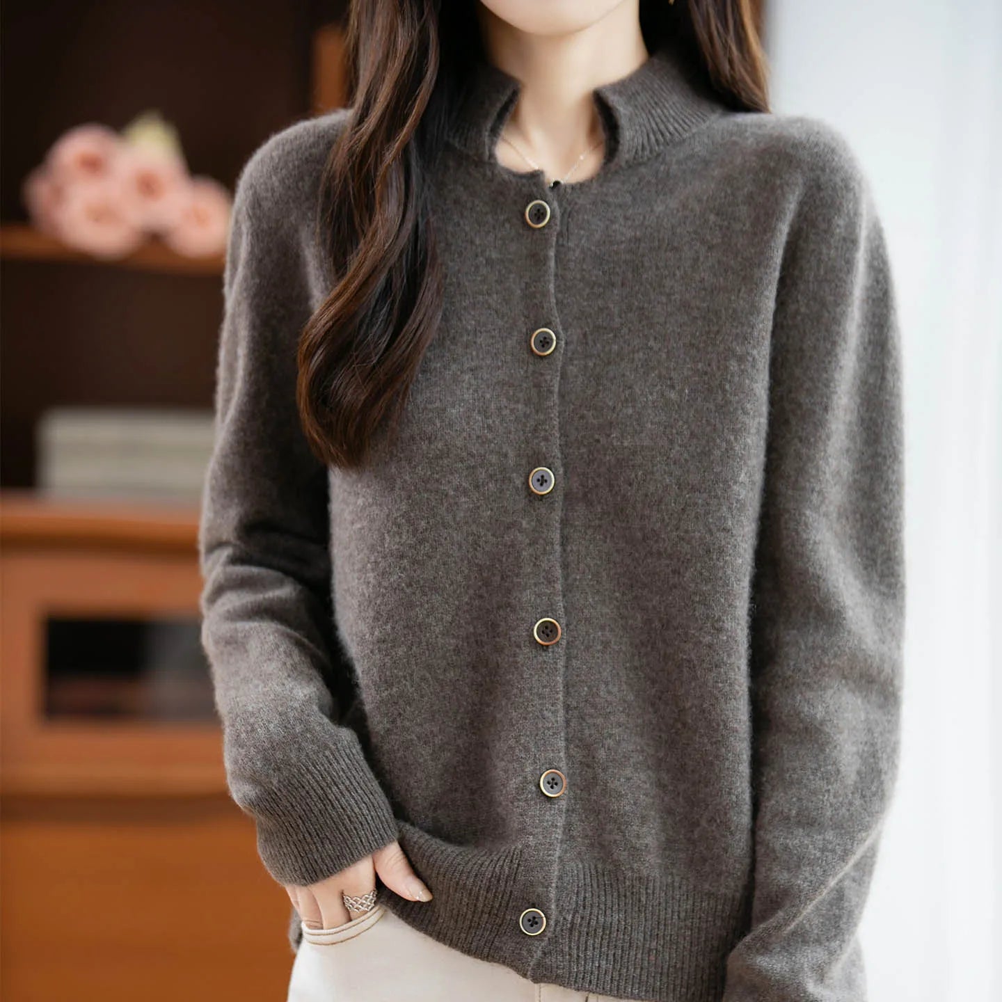 New Autumn And Winter 100% Merino Wool Women's H-neck Cardigan, 2025 Women's Clothing Knitted Korean Style Top YYY-2554