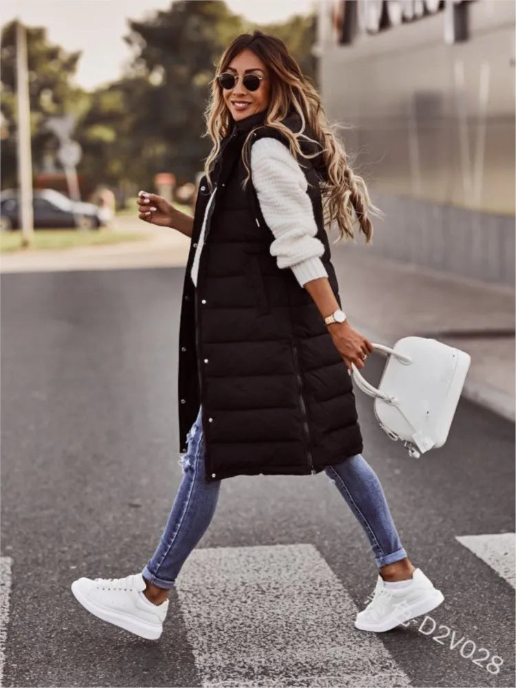 Casual Vest Hooded Single Breasted Mid-length Cotton Padded Jacket Winter Fashion Button Zipper Fitted Cardigan Female Vest Coat
