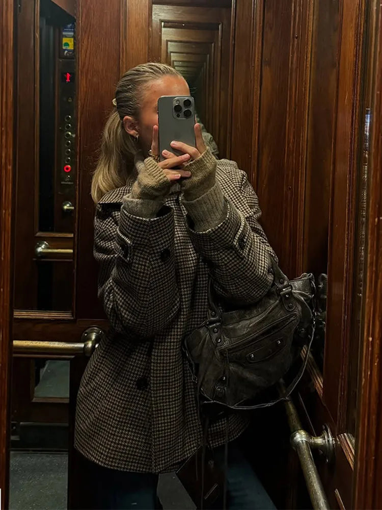 Fashion Houndstooth High Collar Woolen Coats For Women Chic Long Sleeve Single Breasted Jacket 2025 Autumn Winter Lady Outerwear