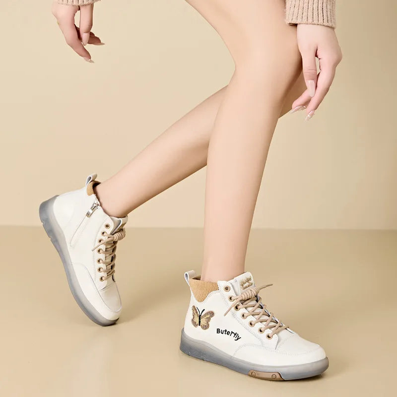 2025 Fashion Women Boots Genuine Leather White Ankle Boots Female Casual Sneakers Plus Size Soft Bottom High Top Women's Shoes