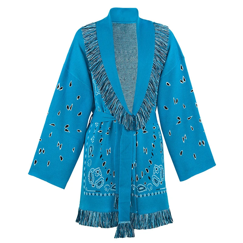 Tassel Patchwork Printed Cardigan Women Geometric Patterns Belts V-neck Long Sleeve Knitted Street Lady Sweater 2025 Autumn Coat