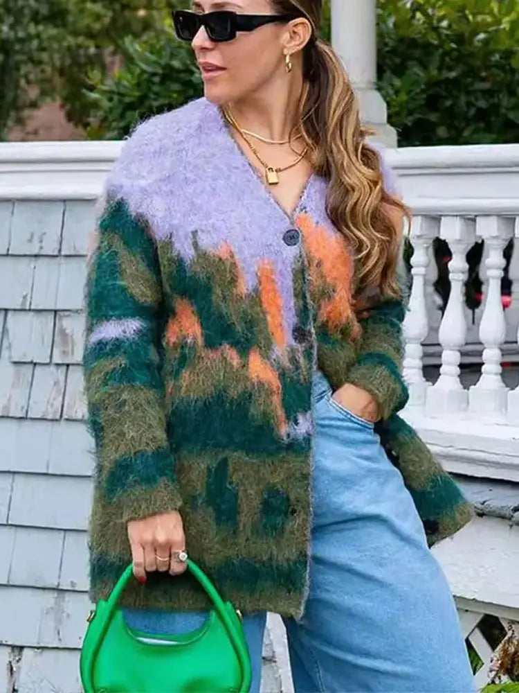 Vintage Woman Print Cardigan Knitted V-neck Long Sleeves Single Breasted Sweater Coat 2025 Autumn Casual Women's Outwear
