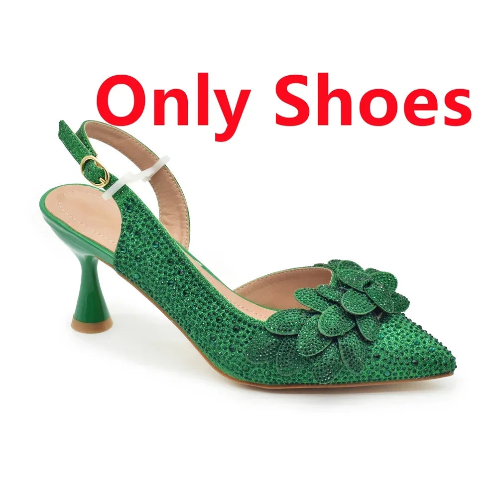 2024 Nigerian Style Rhinestone Medium Heeled Sandals for Women Fashion Wedding Party Shoes and Bags Set with Rhinestone